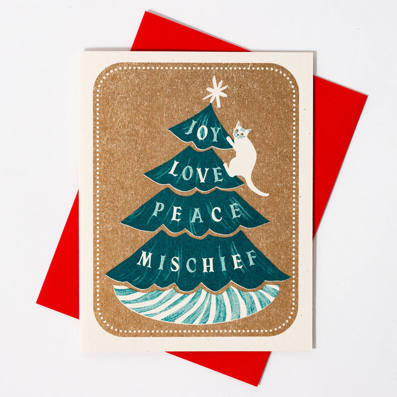 Joy Love Peace Mischief Cat Christmas Card