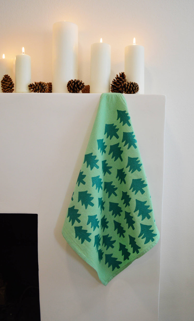 GLITTER Trees on Green - Boho Christmas Cotton Tea Towel