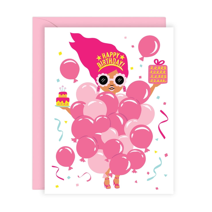 Pink Balloon Girl Birthday Card