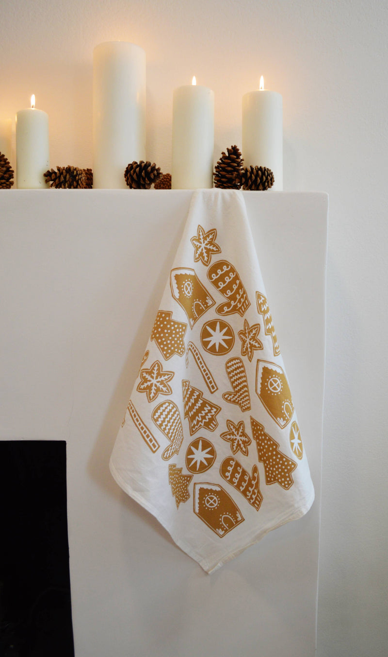 Gingerbread Toss on White - Christmas Cookie Tea Towel