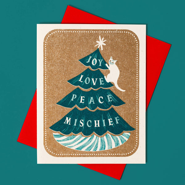 Joy Love Peace Mischief Cat Christmas Card