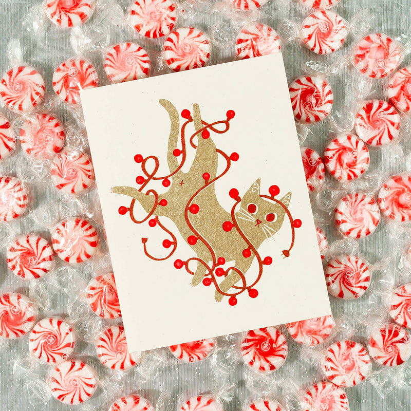 Tangled String Lights Holiday Cat Card
