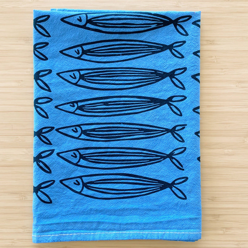 Blue Sardines 20" Tea Towel - Silkscreened 100% Cotton