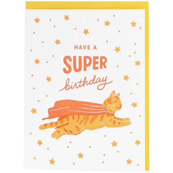 cat with superhero cape birthday card