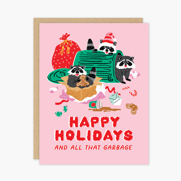 Pink Raccoons Christmas Holiday Card