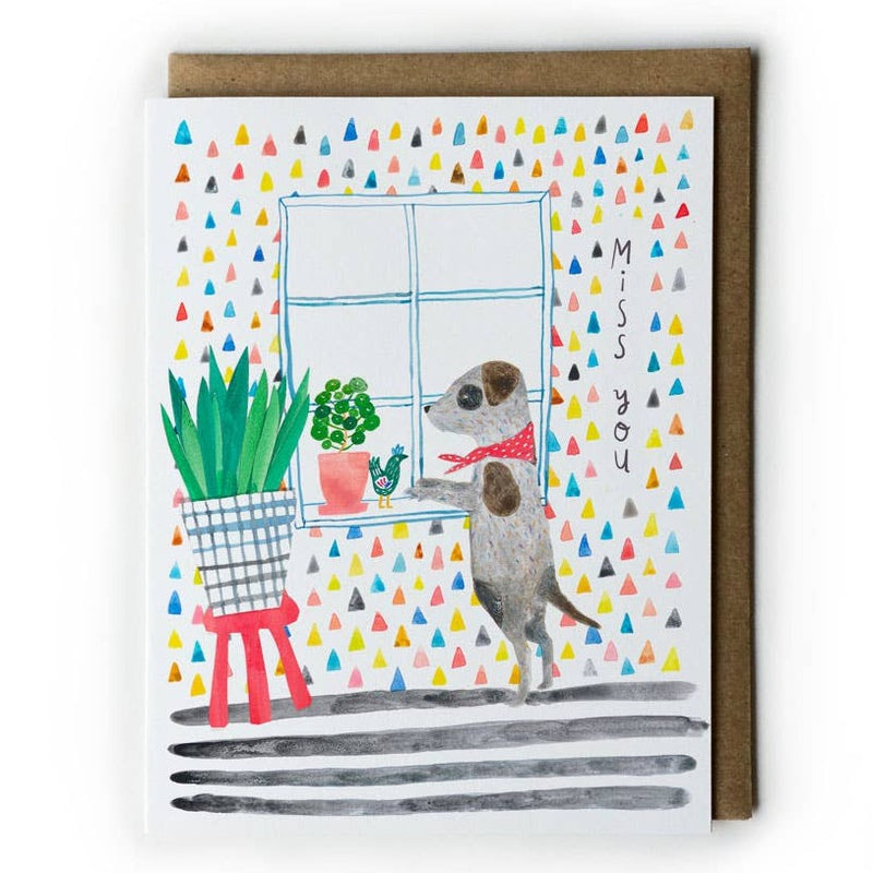 Miss you card with dog at a window