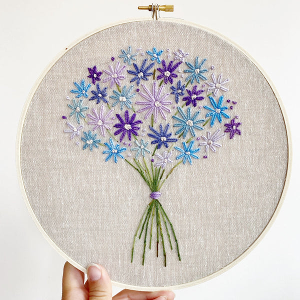Purple flowers bouquet embroidery