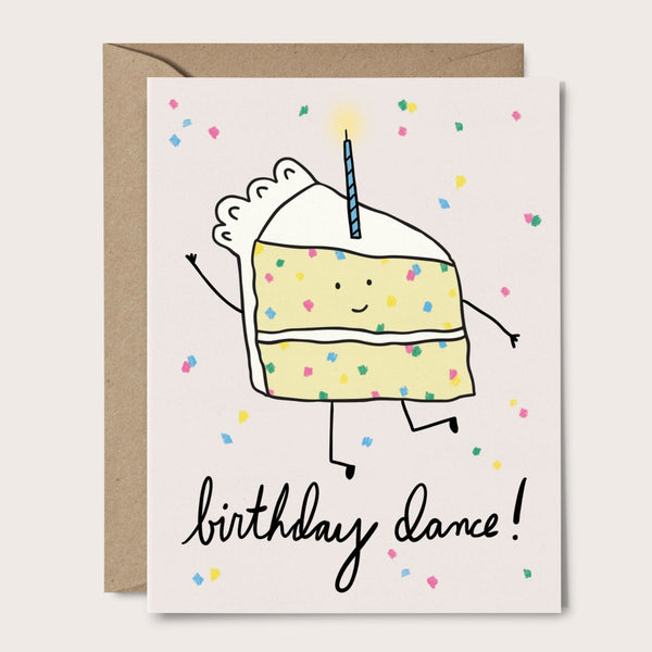 Birthday card with dancing slice of birthday cake