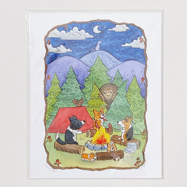 Corgis around a campfire art print