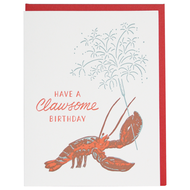 birthday card with a lobster and text that reads "have a clawsome birthday"