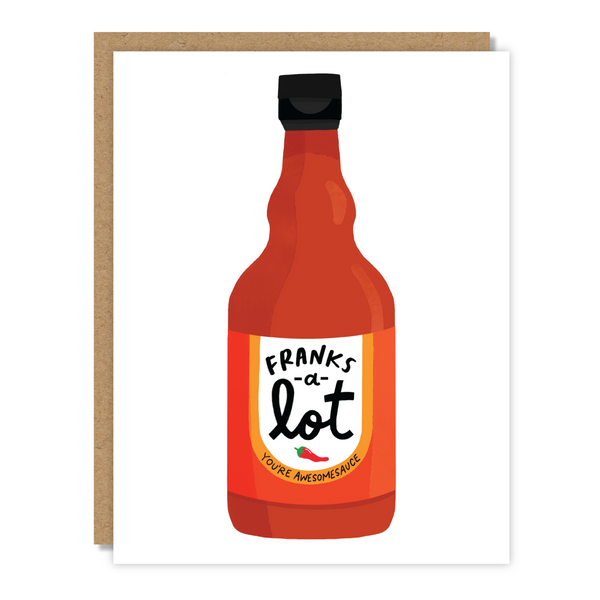 Thank you card featuring bottle of hot sauce and text that reads "Franks a lot"