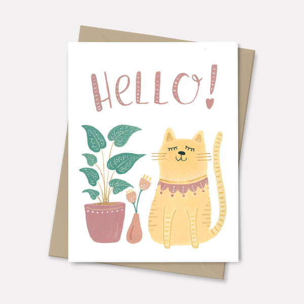 gretting card with text that reads "hello!" with orange cat and plant