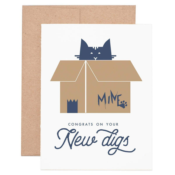 New house card featuring cat in moving box