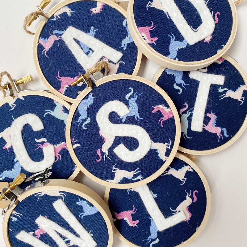 Initial Christmas Ornament - blue Unicorn fabric with white letter