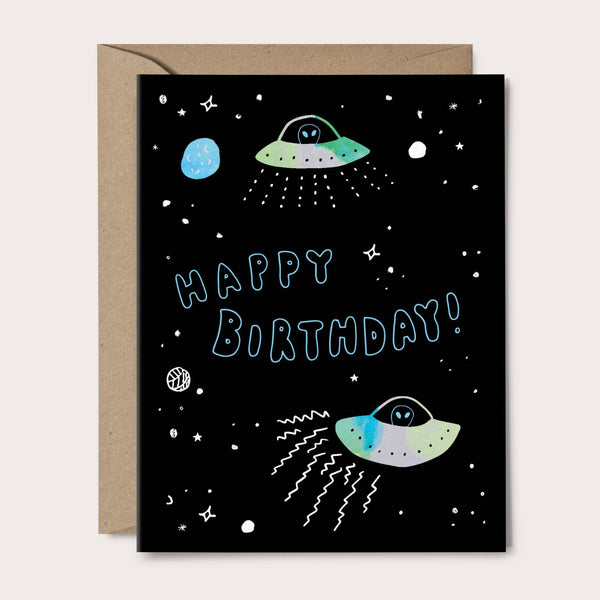 birthday card with aliens and space ships