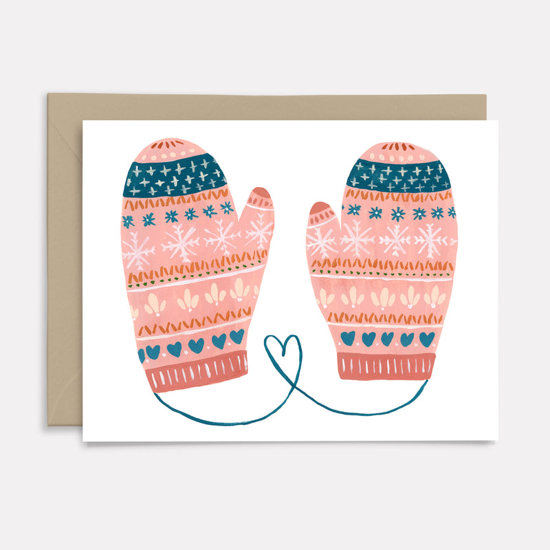 greeting card with pink folksy mittens design