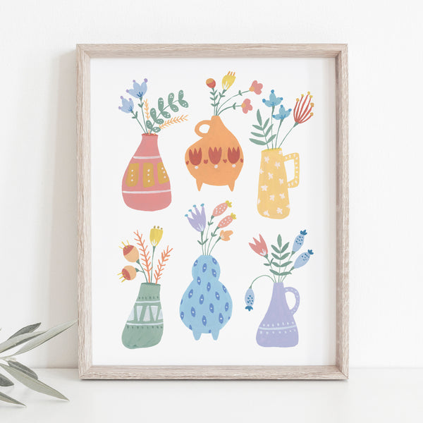 Art Print featuring assorted colorful vases with folk style flowers