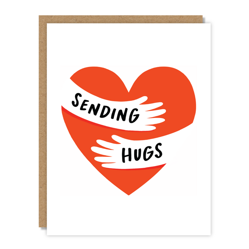 greeting card with arms hugging a heart and text that reads "sending hugs"